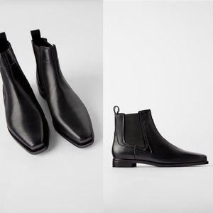 ZARA Flat Leather Chelsea Ankle Boots Square Toe Black Size 6.5